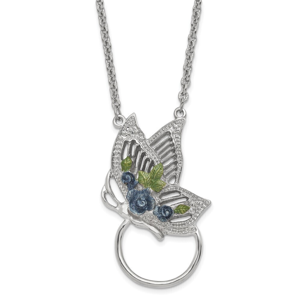 Butterfly Green, Blue Enameled Floral 28" Eye Glass or Badge Holder Necklace